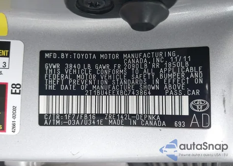 2011 Toyota Corolla Le from USA, damaged, VIN 2T1BU4EEXBC743864